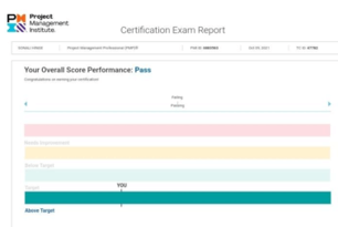 Shows the PMP certificate sonali achieved with 3 Above-Target score!